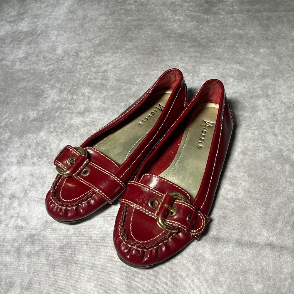 Nickels Ariana Red Patent Buckle Loafers White Stitching Flats 7M